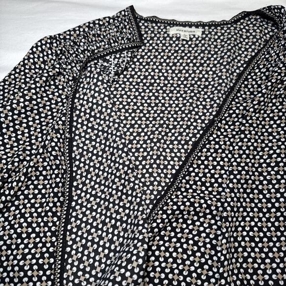 Max Studio Black Tan White Geo Print Elastic Cuff Pleated Blouse Tunic L Top EUC - Picture 11 of 16